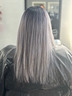 Silver and black balayage at Red Deer Hair. Enjoy the high quality of our hair color here.